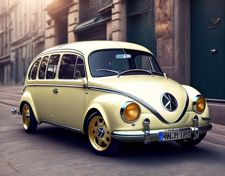 Classic Yellow Vintage Volkswagen Beetle with Unique Elongated Windows on Cobblestone Street