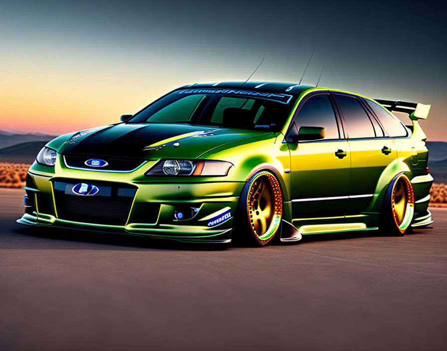 Modified Lime Green Ford with Gold Rims and Racing Decals Parked at Sunset