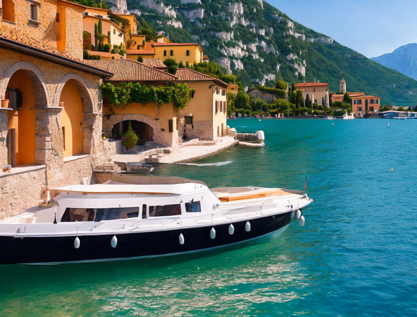 Luxury boat near terracotta-roofed buildings by a blue lake and mountains