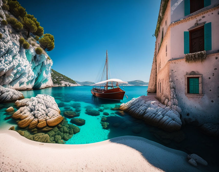 Tranquil bay with turquoise waters, classic boat, white stucco building, teal shutters