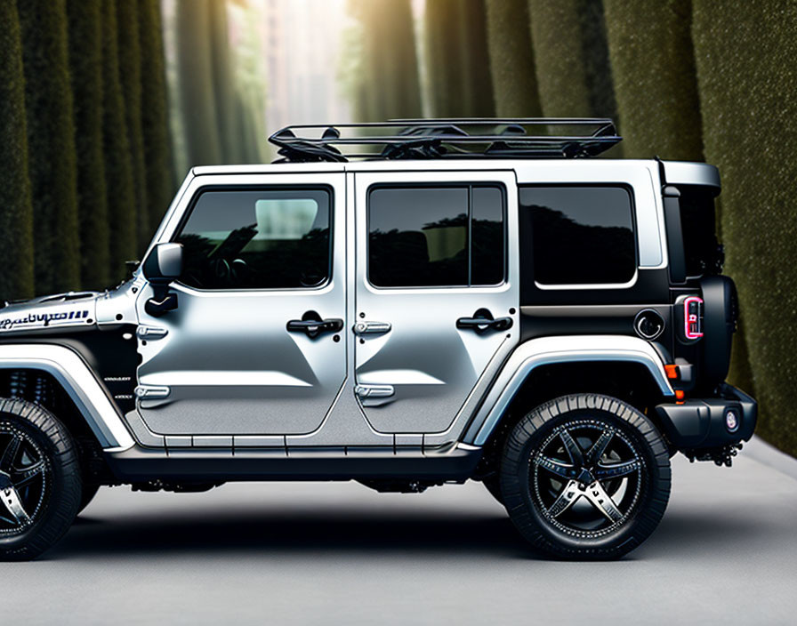 Silver Four-Door SUV with Roof Rack Parked Between Green Hedges