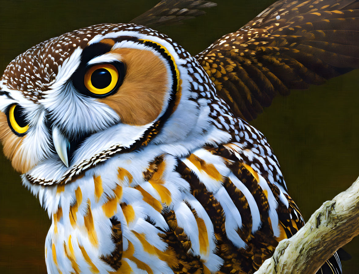 Detailed close-up of vividly colored owl perched on branch with bright yellow eyes and intricate feathers