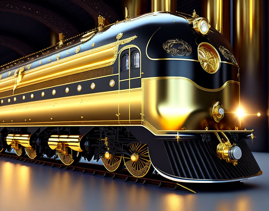 Vintage Black Train with Golden Accents in Ornate Station