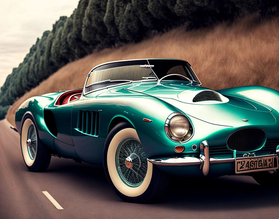 Vintage Teal Convertible Sports Car Driving on Road with White Side Stripes