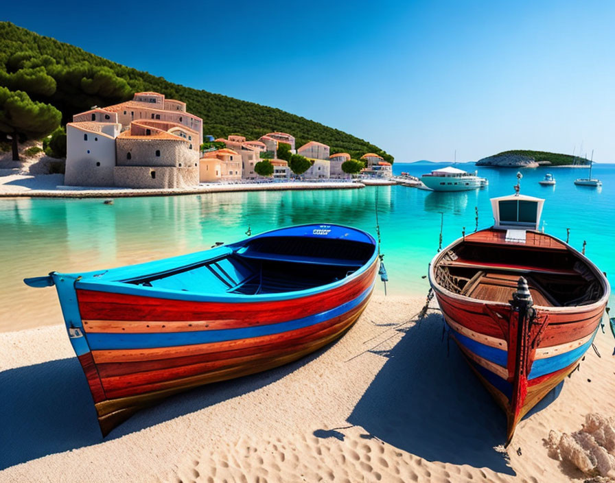 Vibrant Wooden Boats on Turquoise Water with Mediterranean Scene