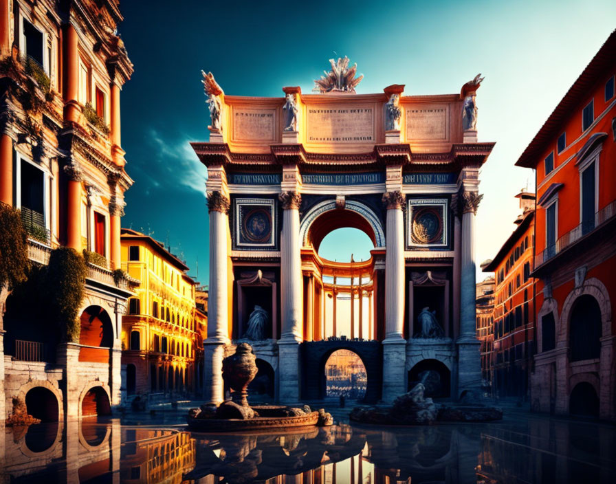 Majestic arch and classic buildings in European square at sunset