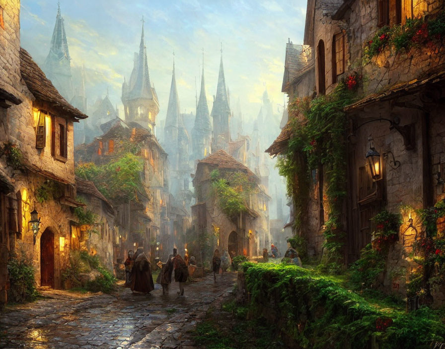 Medieval street scene with cobblestones, historical buildings, and greenery