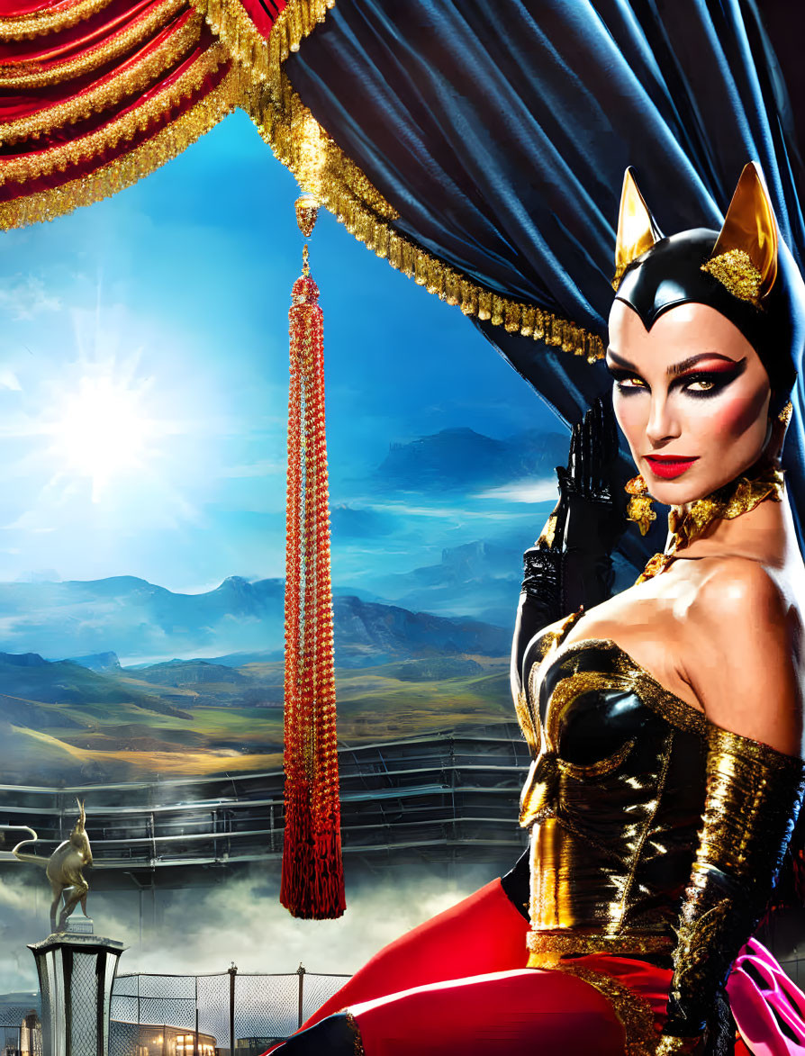 Woman in cat-like costume with theatrical backdrop of mountains, racetrack, and sunburst