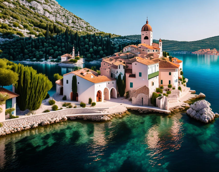 Scenic coastal village with terracotta roofs and bell tower by clear waters & green hills