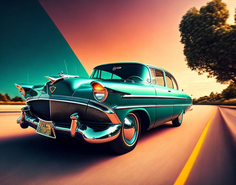 Vintage Teal Car with Tailfins Speeding at Sunset