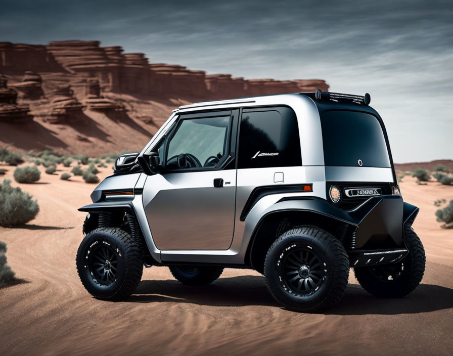 Compact Electric Off-Road Vehicle on Sandy Terrain with Black & White Design