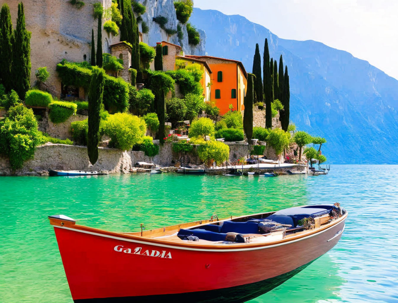 Red boat named "Gaia&dia" on lake with cliffside building and greenery under blue