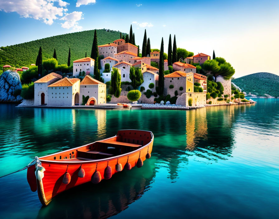 Vibrant red boat near coastal village with terracotta roofs