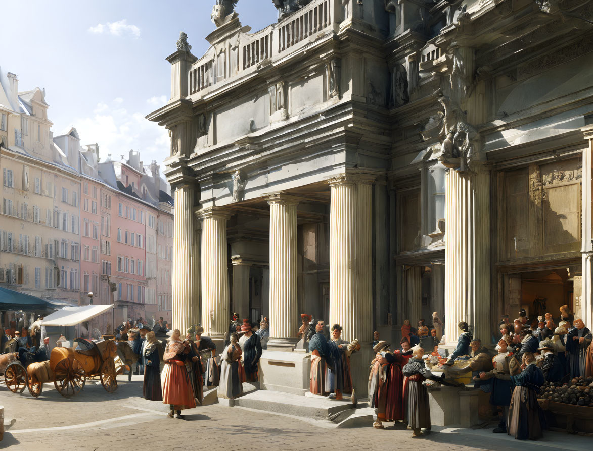 Detailed 19th-Century European Street Scene with Townspeople and Carriages