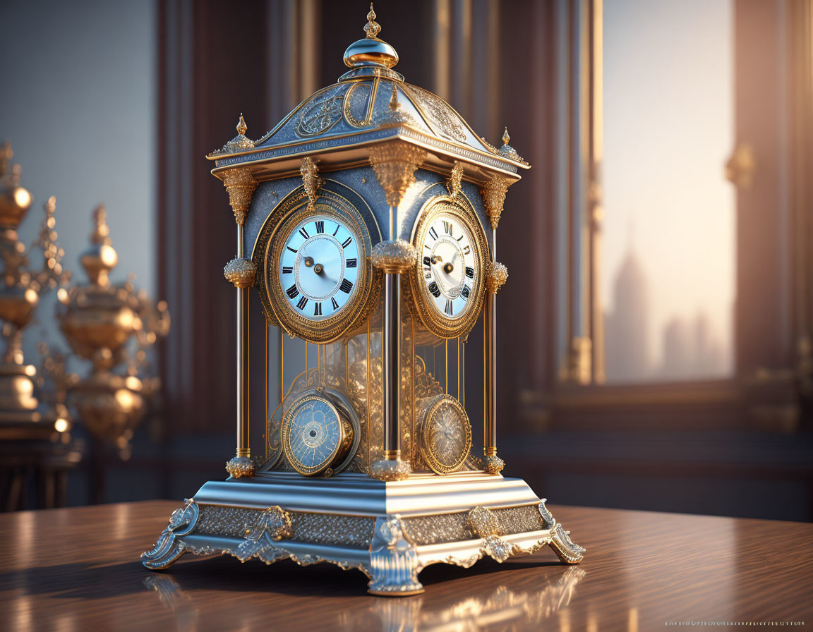 Intricate Antique Clock with Multiple Faces and Gold Detailing