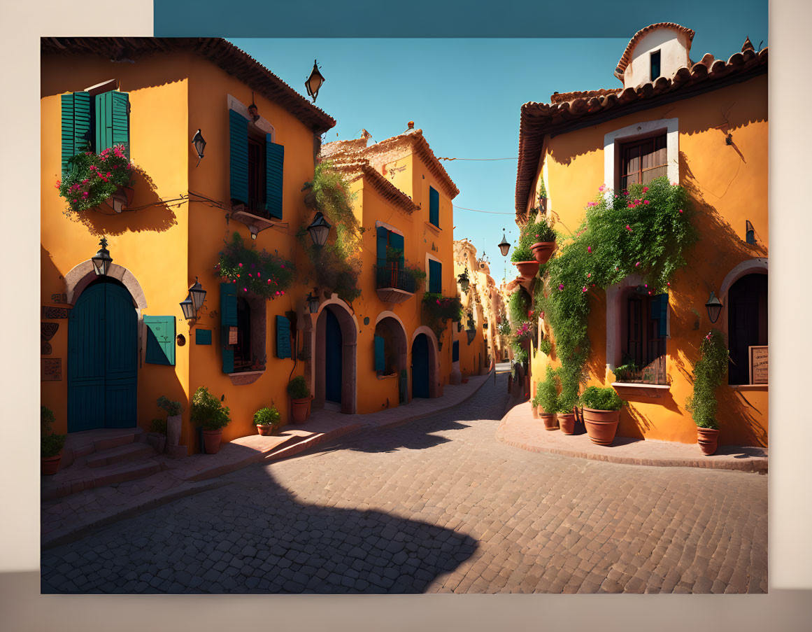 Picturesque European Street Scene with Vibrant Yellow Buildings