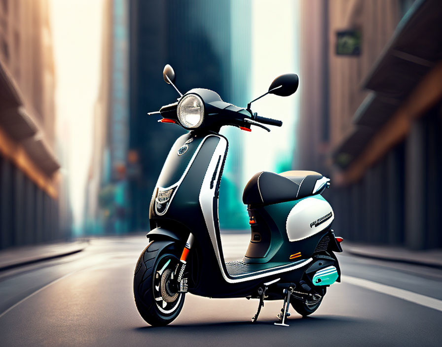 Vintage scooter parked on urban street with high-rise buildings in clear sky