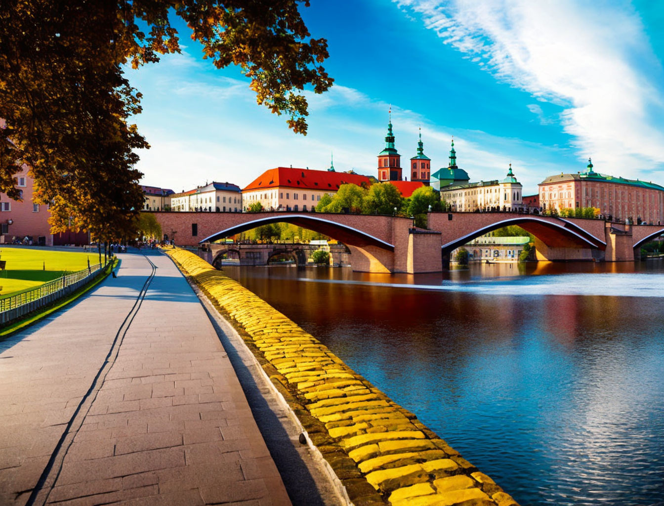 River bridge and historic buildings under clear sky with tree-lined path