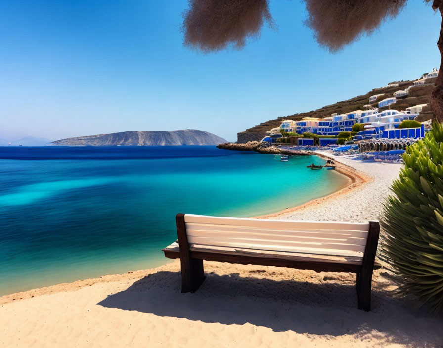 Tranquil beach scene with turquoise waters, bench, coastal buildings, and plants.