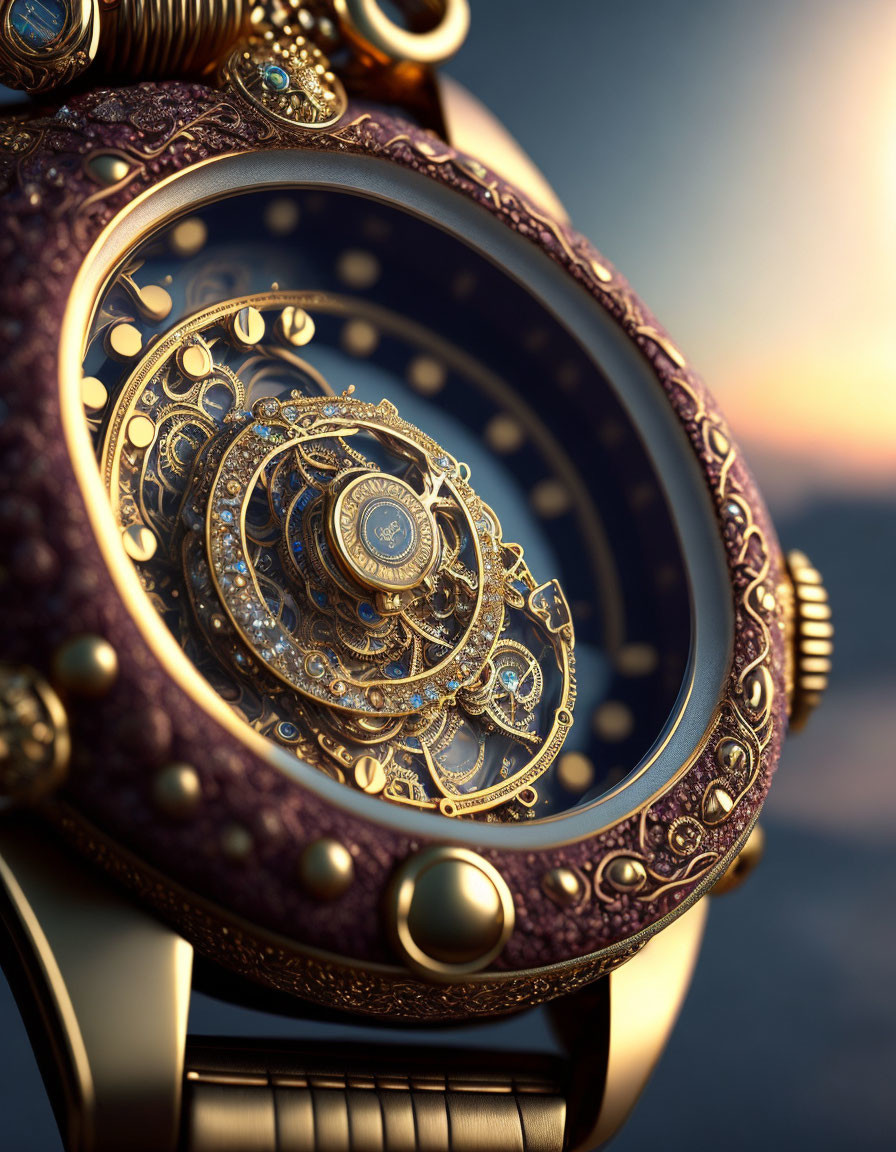 Luxurious ornate watch with golden gears and jewel-encrusted exterior against sunset.