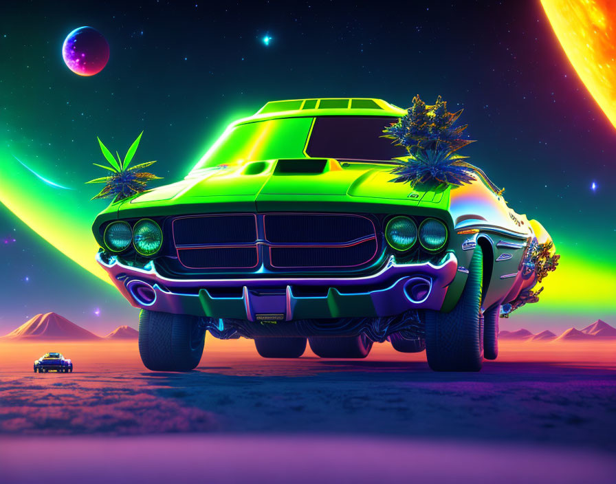 Retro-futuristic image: Classic car with neon lights in futuristic landscape