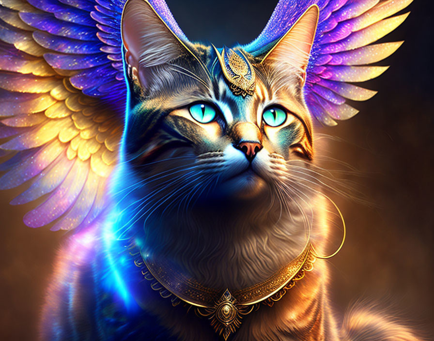 Mystical cat with vibrant wings and glowing blue eyes and golden jewelry