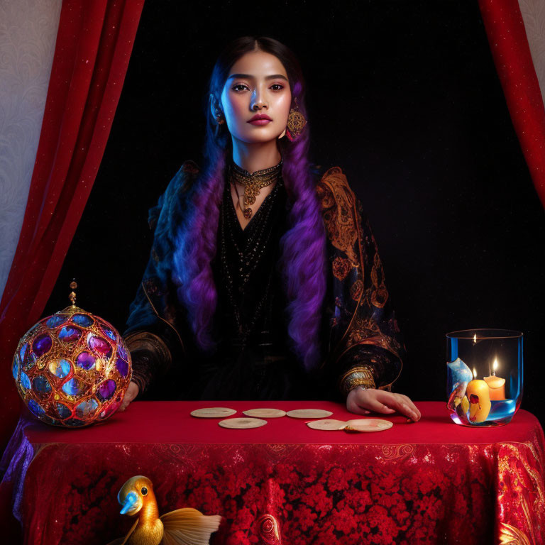 Colorful-haired woman at table with crystal ball, candles, and tarot cards in mystical setting.