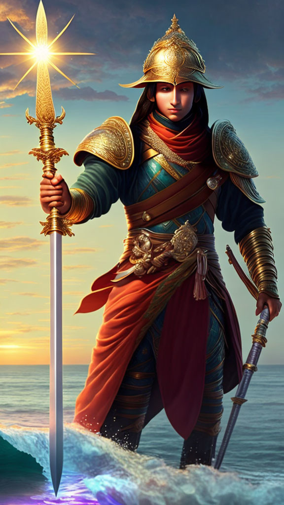 Warrior in Elaborate Armor with Spear at Ocean Sunset