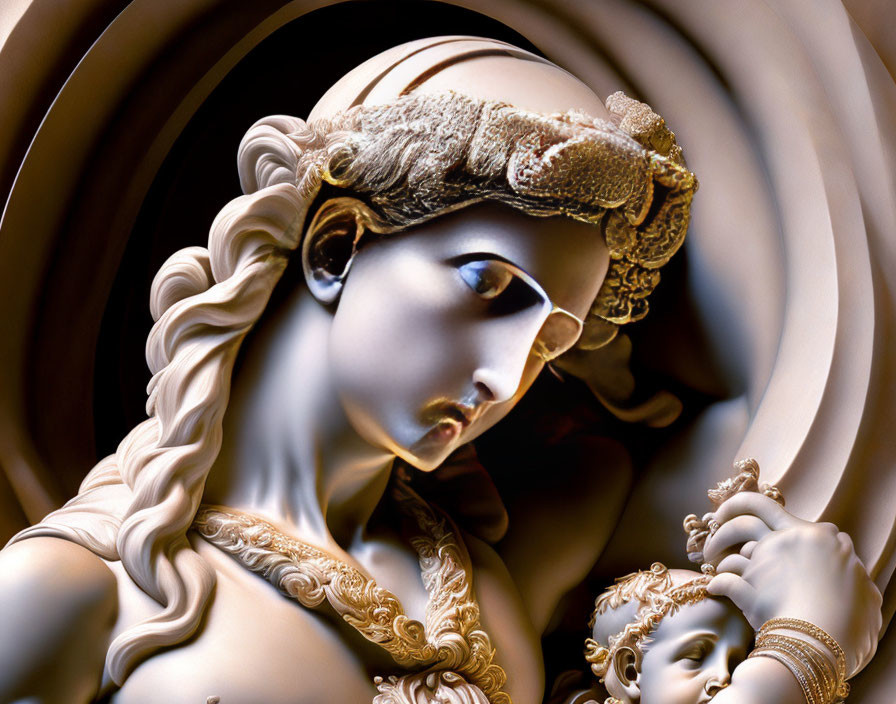 Classical statue of woman with wavy hair holding child and spiraling background.