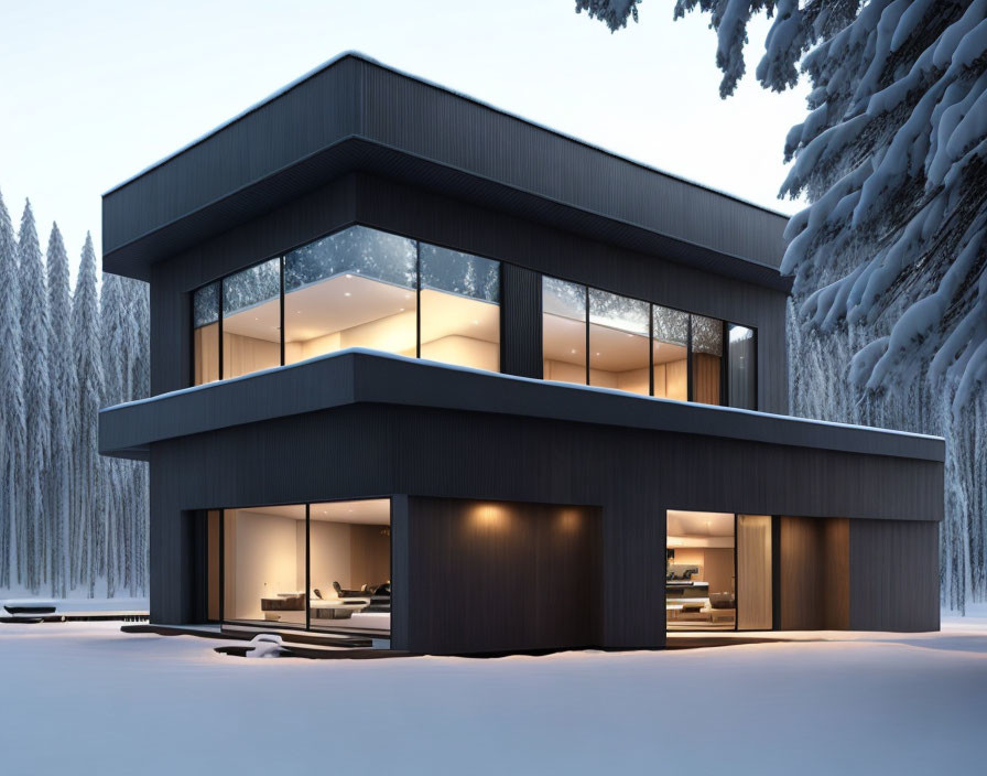 Modern Two-Story House Surrounded by Snow-Covered Trees at Twilight