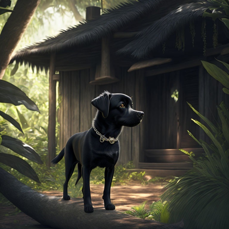 Black Dog with Collar Standing on Log in Sunlit Forest Clearing