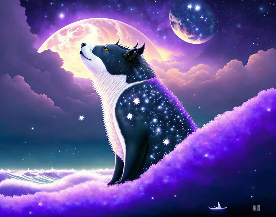 Cosmic dog in starry night sky howling at moon over surreal purple hills