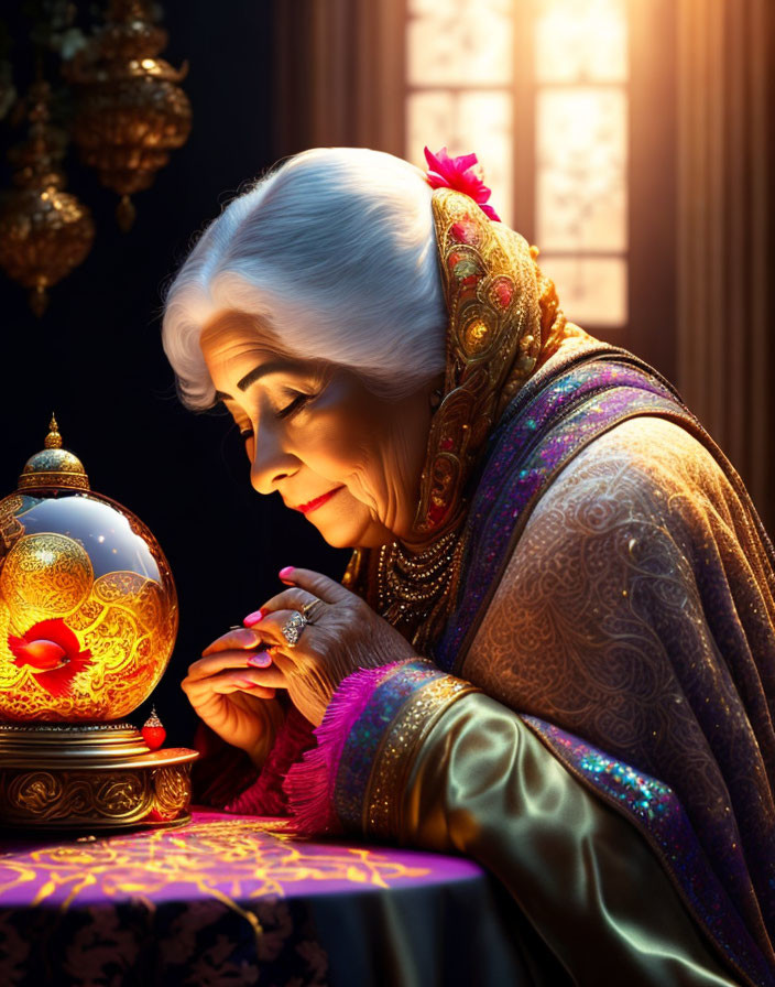 Elderly woman in traditional attire gazes at glowing ornamental lamp