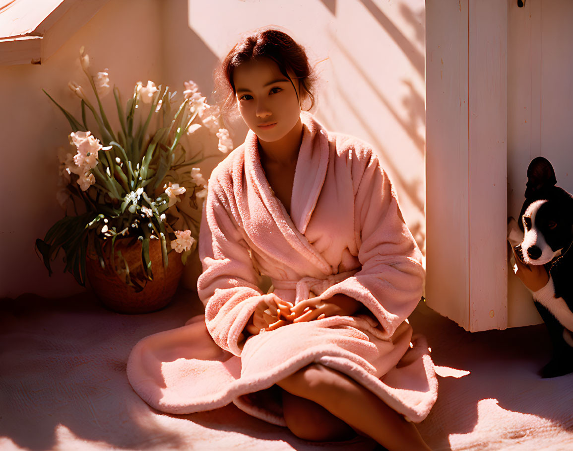 Young woman in pink bathrobe with dog and flowers in cozy room