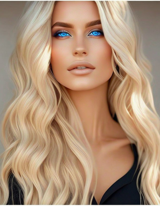 Blonde woman with long wavy hair and blue eyes