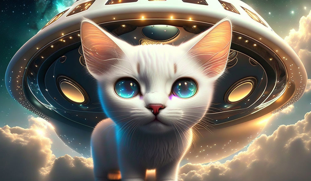 White Cat with Glowing Blue Eyes in Front of Spacecraft on Starry Sky