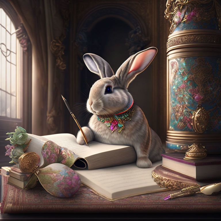 Anthropomorphic rabbit with jeweled collar writing in vintage setting