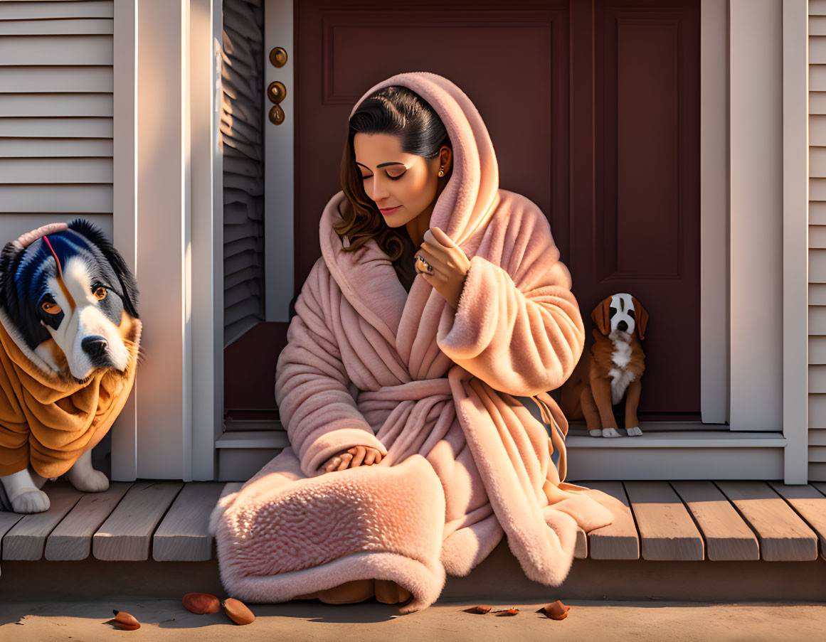 Woman in pink robe with two dogs on porch