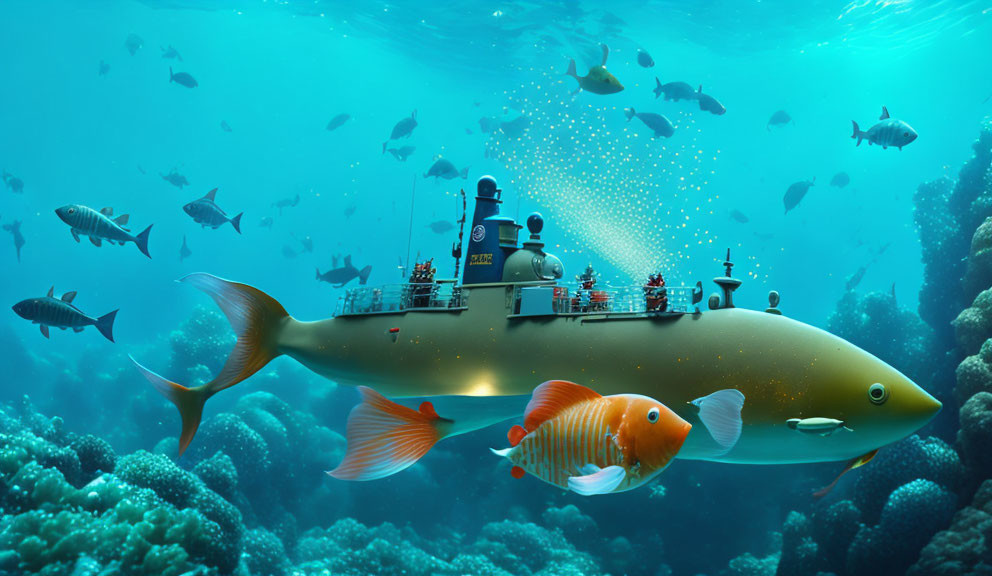 Colorful Underwater Scene with Fish Submarine and Coral