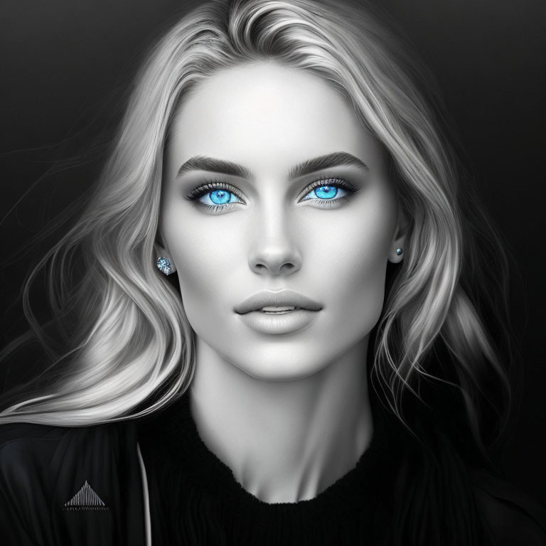 Monochromatic portrait of woman with blue eyes and blonde hair in black top.