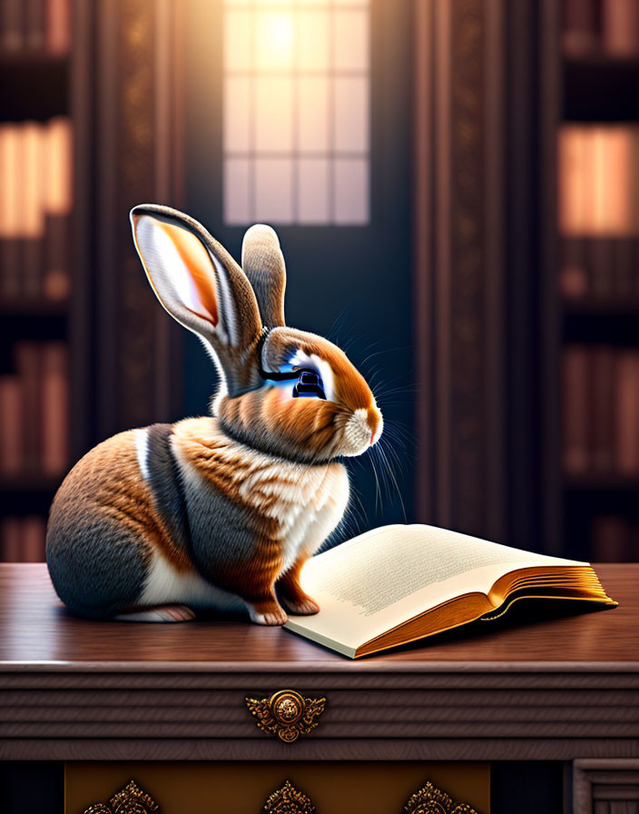 Rabbit with spectacles reading book on wooden desk