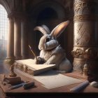 Anthropomorphic rabbit with jeweled collar writing in vintage setting