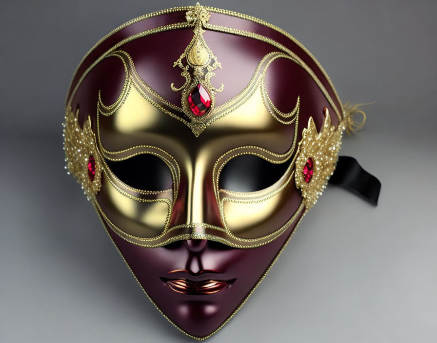 Intricate Venetian mask with gold trim and jeweled accents on maroon background