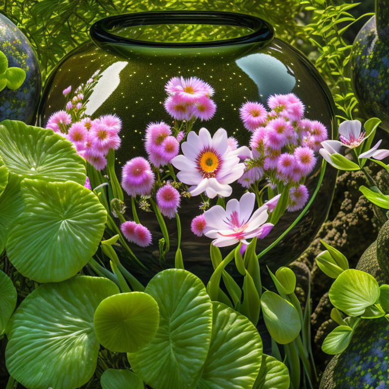 Green Vase with Pink and White Flowers and Green Leaves