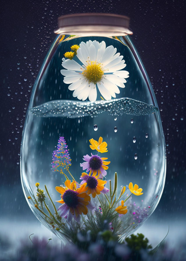 Transparent Fishbowl with Vibrant Flowers and Raindrops