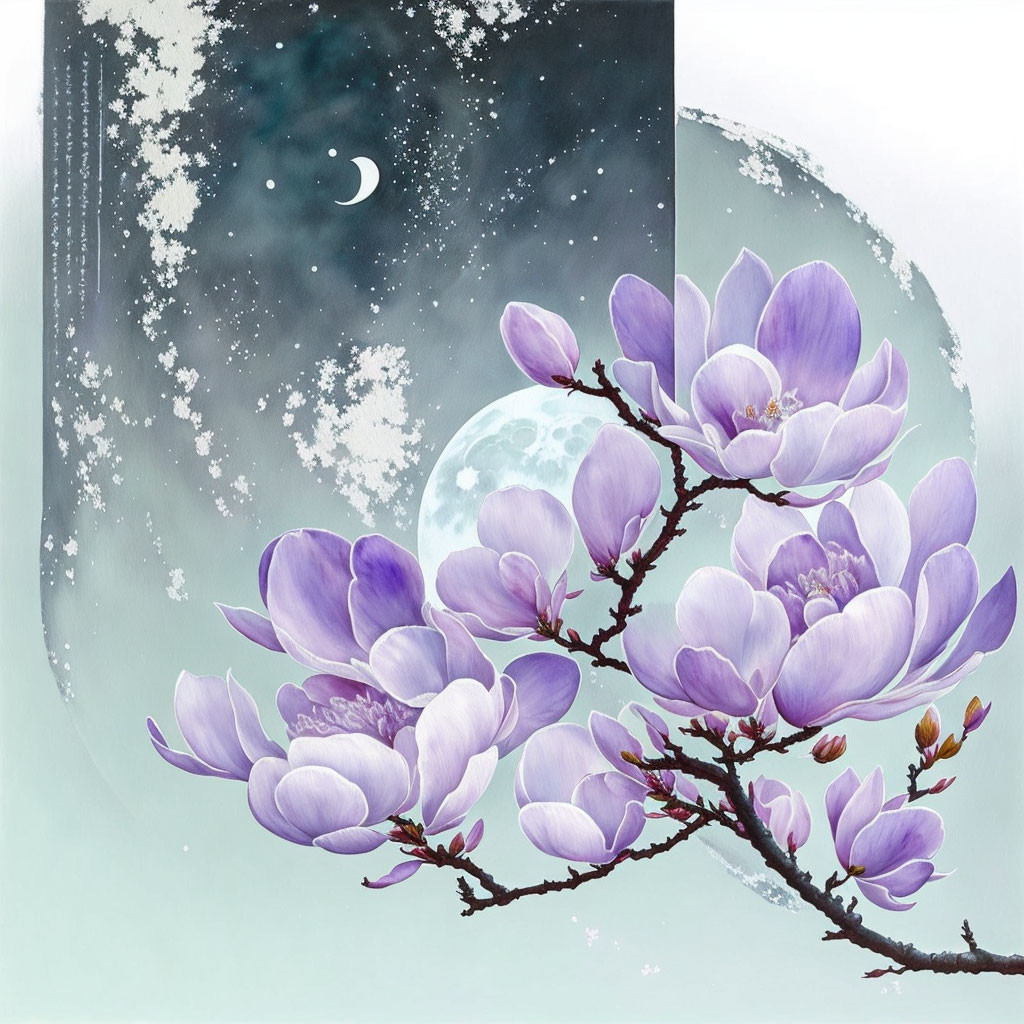 Purple magnolia flowers in bloom under starry sky and crescent moon.