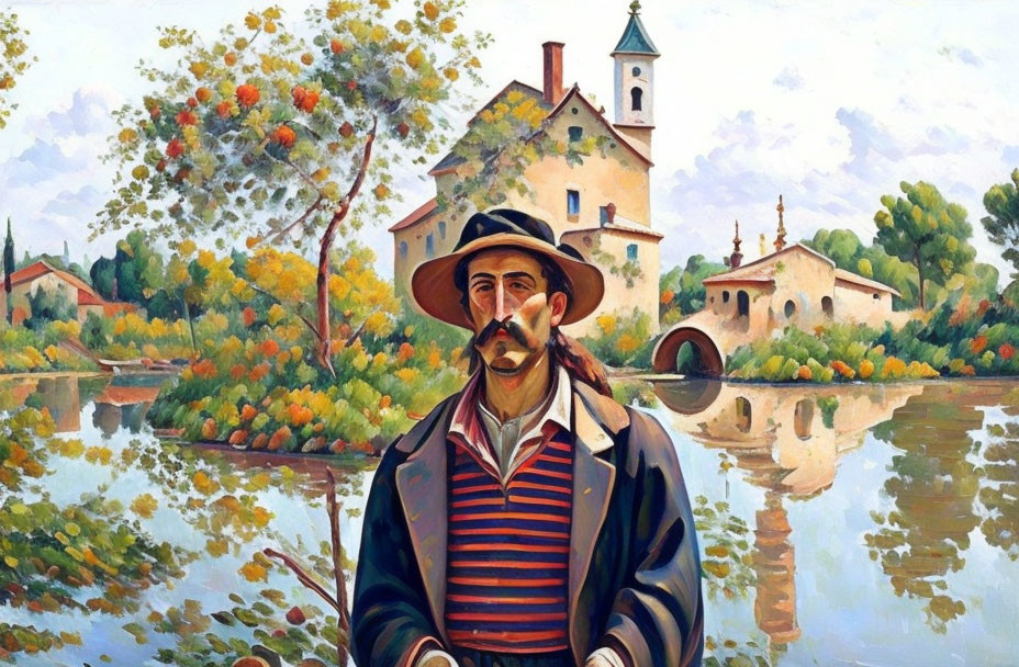 Man with Hat and Striped Shirt in Front of Pastoral Landscape with Building and Trees