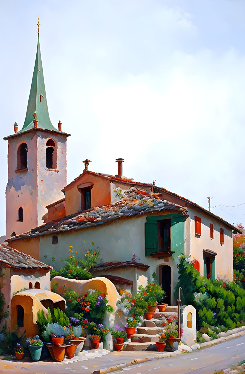 European village scene: old church spire, green-shuttered house, colorful flowers