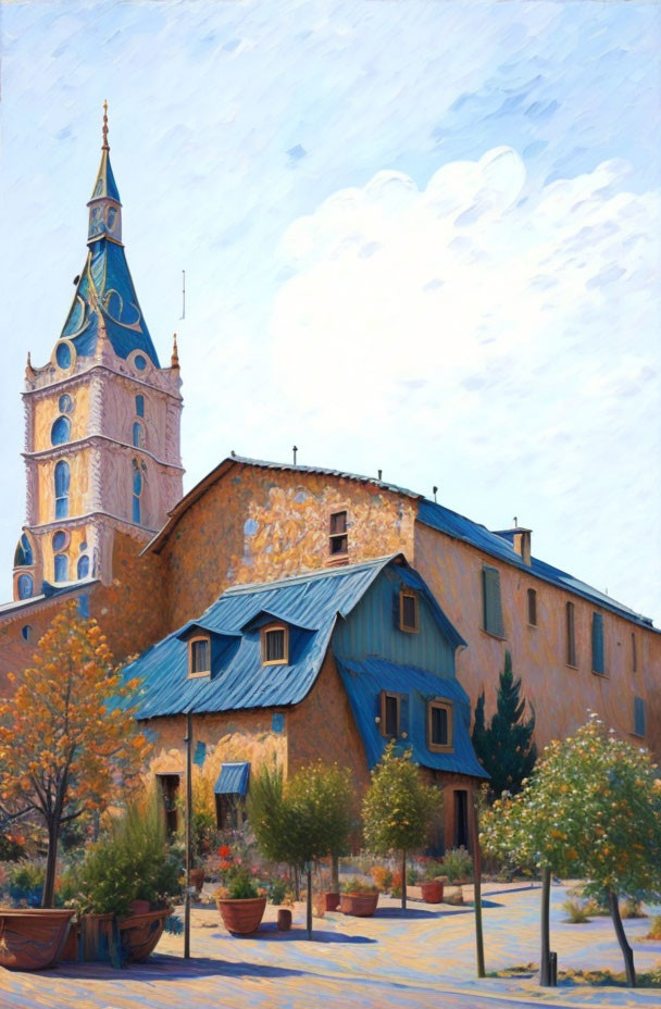 Colorful painting of sunlit building, blue roof, church spire, potted trees, blue