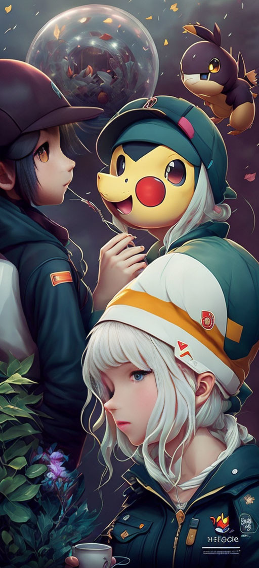 Digital artwork featuring two characters with Pokémon: one holding a Pokéball helmet with a Pikachu-like creature